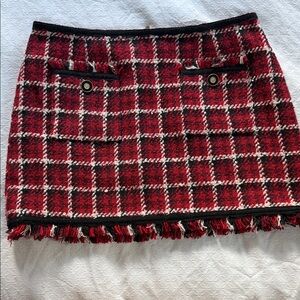 Walter Baker Red Plaid Tweed Mini Skirt with Fringe Trim